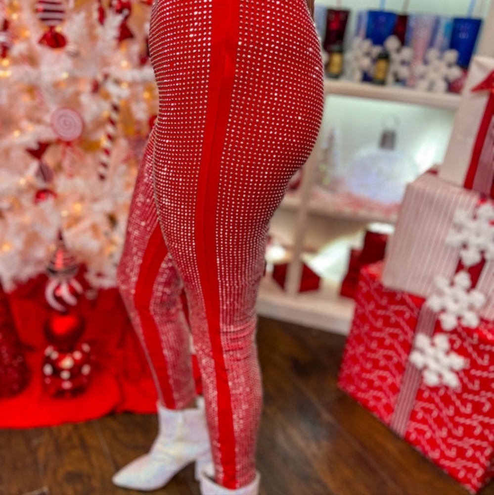 Red bling rhinestone leggings christmas pants S